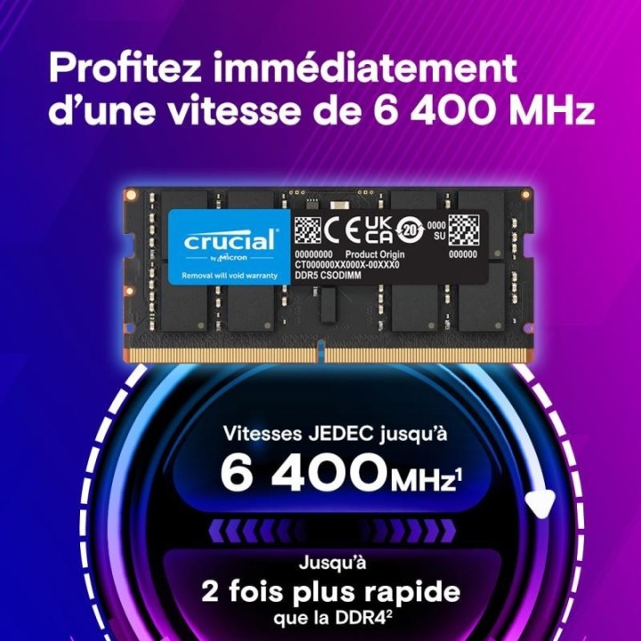 Mémoire Crucial 32 Go (1 × 32 Go) DDR5 6400 MHz CL52 | Ordiland