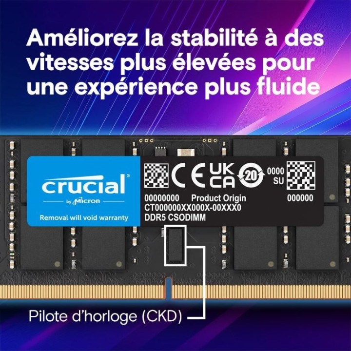 Mémoire Crucial 32 Go (1 × 32 Go) DDR5 6400 MHz CL52 | Ordiland