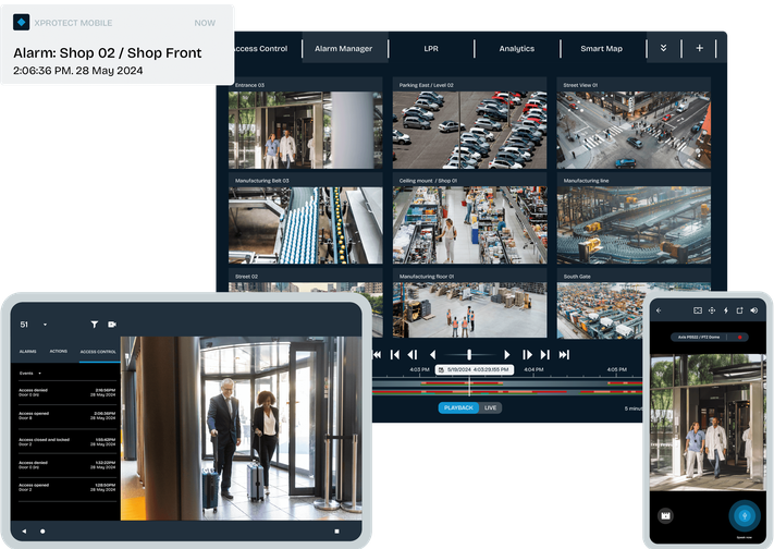 Tableau de bord de supervision vidéo Milestone XProtect, multi-écrans et alertes en temps réel